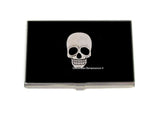 Skull Head Business Card Holder Inlaid in Hand Painted Black Enamel Vintage Style Metal Wallet Goth Design Personalized Options