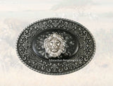 Lion Head Belt Buckle Inlaid in Hand Painted Black Ink Swirl Enamel Neo Victorian Safari Oval Metal Buckle Leo Head Buckle with Color Option