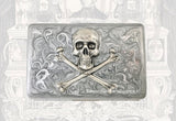 Silver Skull and Cross Bones Metal Cigarette Case Inlaid in Hand Painted SIlver Swirl Enamel Neo Victorian Wallet w Personalized Options