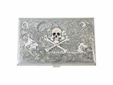 Steampunk Skull and Crossbones Business Card Case Inlaid in Hand Painted Enamel Silver Scroll Design with Personalized and Color Options