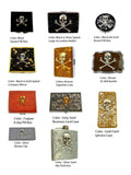 Steampunk Skull and Crossbones Business Card Case Inlaid in Hand Painted Enamel Silver Scroll Design with Personalized and Color Options