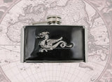 Dragon Flask Belt Buckle Inlaid in Hand Painted Black Glossy Enamel Game of Thrones Inspired 3 oz. Flask Personalized and Color Options