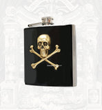 Antique Gold Skull and Crossbones Flask Inlaid in Hand Painted Glossy Black Enamel with Engraved and Personalized Option