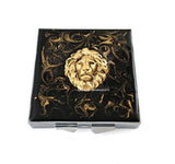 Majestic Lion Pill Box Inlaid in Hand Painted Glossy Black Enamel Neo Victorian Leo RX Case with Personalized and Color Options