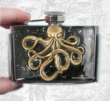 Octopus Flask Belt Buckle Inlaid in Hand Painted Black and Silver Splash Enamel  Vintage Style with Color Options