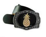 Pineapple Belt Buckle Inlaid in Hand Painted Glossy Enamel Black Antique Silver Art Deco Tropical Fruit Metal Buckle with Color Options