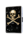 Silver Skull and Crossbones Cigarette Case in Hand Painted Black with Silver Splash Enamel Personalize Engraving and Color Options