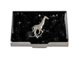 Neo VIctorian Business Card Case Antique Silver Giraffe Embellished on Black Enamel with Silver Splash Design Safari Inspired