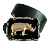 Rhino Belt Buckle inlaid in Hand Painted Black Enamel Neo Victorian Safari Rhinoceros Ornate Buckle with Assorted Color Options