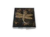 Dragonfly Metal Pill Box Inlaid in Hand Painted Black Enamel with Silver Swirl Art Nouveau Inspired with Personalized and Color Options