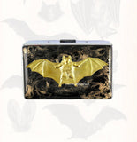 Vampire Bat Metal Cigarette Case Inlaid in Hand Painted Enamel Black with Gold Swirl Design Metal Wallet Engraved and Personalized Options
