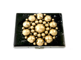 Faceted Medallion Metal Cigarette Case in Hand Painted Glossy Black Onlyx Enamel with SIlver Splash with Personalizedand Color Options