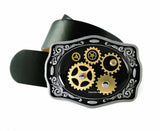 Gear Cog and Sprockets Belt Buckle Inlaid in Hand Painted Black Onyx Enamel  Steampunk Neo Victorian Watchwork Design with Color Options