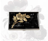 Art Nouveau Business Card Case Inlaid in Hand Painted Black Enamel with Silver Splash  with Personalized and Color Options