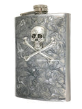 Antique Gold Skull and Crossbones Flask Inlaid in Hand Painted Silver Swirl Enamel 8oz Hip Flask with Personalize Engraving and Color Option