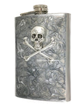 Antique Silver Skull and Crossbones Flask Inlaid in Hand Painted Silver Swirl Enamel 8oz Size with Personalized and Color Option