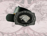 Wolf Head Belt Buckle Inlaid in Hand Painted Glossy Black Enamel Medieval Style Metal Buckle with Assorted Color Options
