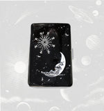Moon and Star Metal Cigarette Case Silver Inlaid in Hand Painted Black Enamel with Silver Splash Design with Color and Personalized Options