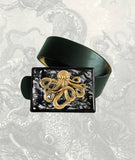 Silver Octopus Belt Buckle Inlaid in Hand Painted Glossy Black Ink Swirl Enamel Neo Victorian Ktaken Inspired Buckle with Color Options