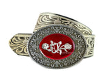 Roses Belt Buckle Inlaid in Hand Painted Glossy OxBlood EnamelArt Nouveau Inspired Metal Buckle with Color Options