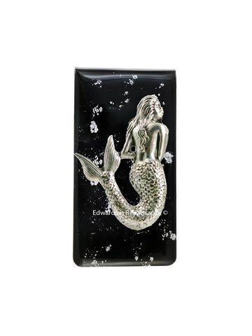 Mermaid Money Clip Inlaid in Hand Painted Glossy Black Enamel Silver Splash Design Inspired with Personalized and Color Options