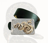 Snake Belt Buckle Inlaid in Hand Painted Glossy Enamel Silver Swirl Design Victorian Industrial Inspired