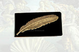 Antique Gold Feather Money Clip Inlaid in Hand Painted Glossy Black Onyx Enamel Art Nouveau Inspired Custom Colors and Personalized Options