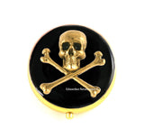 Skull and Crossbones Pill Box Inlaid in Hand Painted Black Enamel Goth Inspired with Personalized and Color Options Available