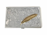 Ravens Feather Business Card Case Inlaid in Silver Swirl Enamel Neo Victorian Design with Custom Engraving and Color Options
