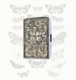 Butterfly Cigarette Case Inlaid in Hand Painted Gray Swirl Design Enamel Art Nouveau Inspired with Color and Personalized Options