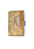 Silver Angel Wings Cigarette Case Inlaid in Hand Painted Black with Gold Splash Design Reanissance Inspired Personalize Engraving Options