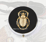 Scarab Pill Box Inlaid in Hand Painted Black Enamel Art Deco Egyptian Beetle Design with Custom Colors and Personalized