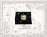 Compass Medallion 7 Day Pill Box Inlaid in Hand Painted Enamel Black with Silver Splash Nautical Design with Personalized and Color Options