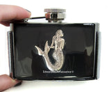 Mermaid Flask Belt Buckle Inlaid in Hand Painted Black Enamel Vintage Style Nautical Design with Personalized and Color Options