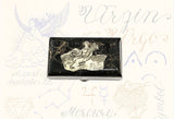 Virgo Pill Box Inlaid in Hand Painted Enamel Black with Gold Swirl Design Zodiac Inspired Pill Case Personalized and Color Options