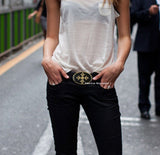 Antique Silver Cross Belt Buckle Inlaid in Hand Painted Glossy Black Onyx Enamel Gothic Renaissance Inspired Available in Other Colors