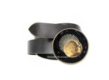 Moon Starburst Round Belt Buckle Inlaid in Hand Painted Glossy Enamel Art Deco Cosmic Design Available in Other Colors