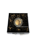 Moon and Sunburst Pill Box Inlaid in Hand Painted Glossy Black Enamel Art Deco Celestial Design with Personalized Options Available
