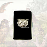 Silver Owl Cigarette Case Inlaid in Hand Painted Glossy Black Onyx Enamel Steampunk Bird with Custom Colors and Personalized Options