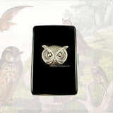 Silver Owl Cigarette Case Inlaid in Hand Painted Glossy Black Onyx Enamel Steampunk Bird with Custom Colors and Personalized Options