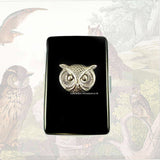 Antique Gold Owl Cigarette Case Inlaid in Hand Painted Glossy Black Onyx Enamel Woodland Bird with Personalize Engraving and Color Options