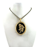 Floral Locket Pill Box Inlaid in Hand Painted Glossy Black Enamel Vintage Style Roses Pendant with Color and Personalized Option