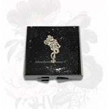 Flowers Metal Pill Box Inlaid in Hand Painted Glossy Black Enamel Art Nouveau Floral Design with Personalized Options Available