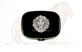 Lion Pill Box Inlaid in Hand Painted Glossy Black Enamel  Neo Victorian Leo Inspired Meds Case with Custom Colors and Personalized Options