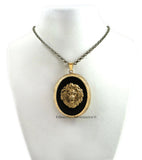 Golden Lion Pill Box Necklace Inlaid in Hand Painted Glossy Black Enamel Large Locket Neo Classic Leo with Personalized and Color Options