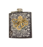 Octopus Flask Inlaid in Hand Painted Gray Smokey Swirl Enamel Design Neo Victorian Nautical Inspired Personalized and Color Options