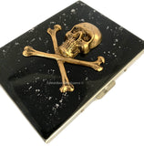 Antique Gold Skull and Crossbones Cigarette Case in Hand Painted Copper Enamel Gothic Punk Design with Personalized and Color Options
