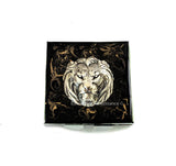 Lion Metal Pill Box Inlaid in Hand Painted Glossy Black Enamel Art Deco Leo Design with Personalized Options Available