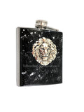 Antique Silver Lions Head Flask Inlaid in Hand Painted Black Enamel with Silver Splash Leo Hip Flask Leo Art Deco Design Personalized Option