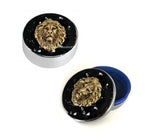 Gold Lion Head Jewelry Box Inlaid in Hand Painted Black with Silver Splash Enamel Leo Zodiac Design with Personalized and Color Options